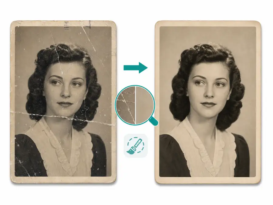 Old photo with scratches removed by AI photo repair